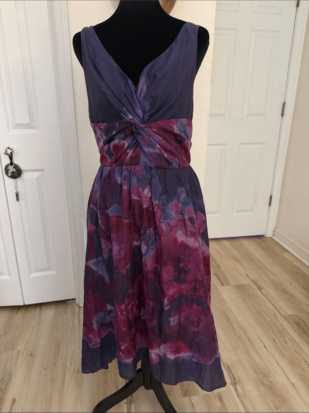 Neiman Marcus Plum and Berry Twist-Waist Floral Midi Dress
